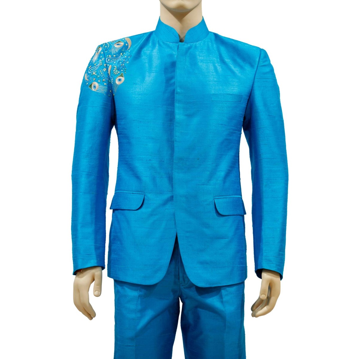 Aum Design Blue Hand Embroidered Jodhpuri Suit With Light Blue Trouser Jodhpuri suit for mens, wedding jodhpuri suits, ethnic black jodhpuri suits, wear for occasion like engagement, wedding & reception. aum occasion wear aum occasion wear