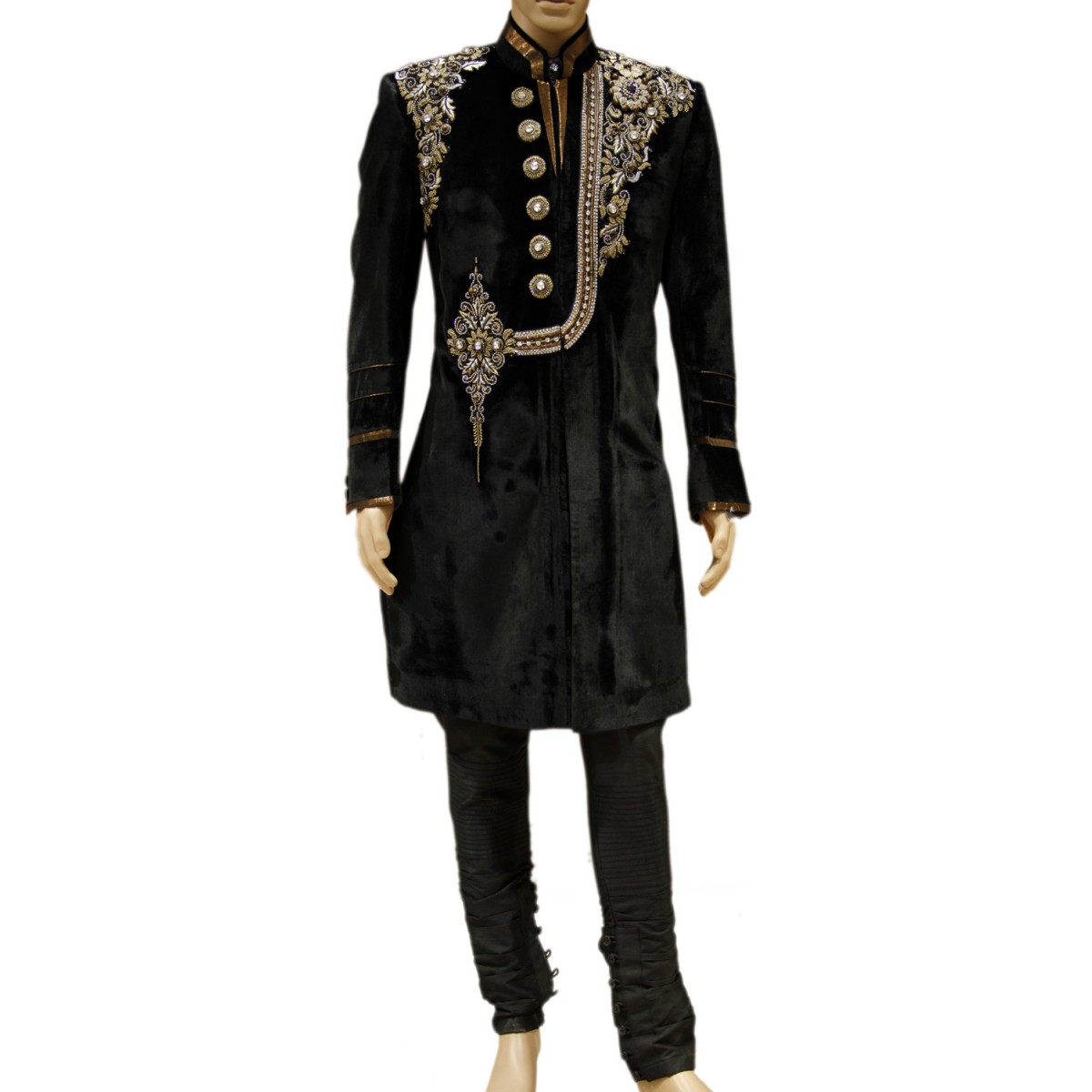 Aum Design Men S Luxurious Black Velvet Sherwani Thee sherwani for groom is made with heavy fabric.they hold copious amounts of finery and embroidery, and they all have linings.the sherwani for groom is something all men look out for. aum occasion wear aum occasion wear