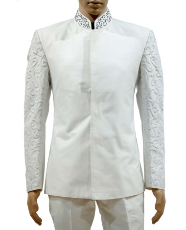 AUM DESIGN OFF WHITE LIGHT WESTERN EMBROIDERED JODHPURI WITH NARROW FIT TROUSER