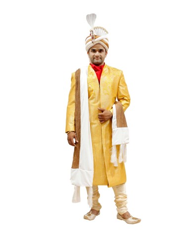 AUM DESIGN FUSION WEAR SHERWANI WITH A BOLD OUT LOOK, USES BRIGHT YELLOW AS COLOR BOARD