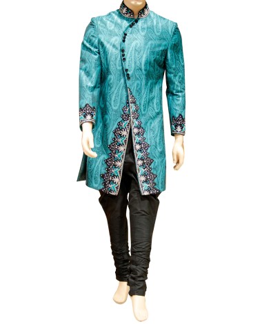 AUM DESIGN TURQUOISE OUTFIT WITH CRYSTALS SHERWANI