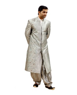 AUM DESIGN SILVER PATHANI STYLE SHERWANI WITH A TRADITIONAL SIHOETTE & SALWAR